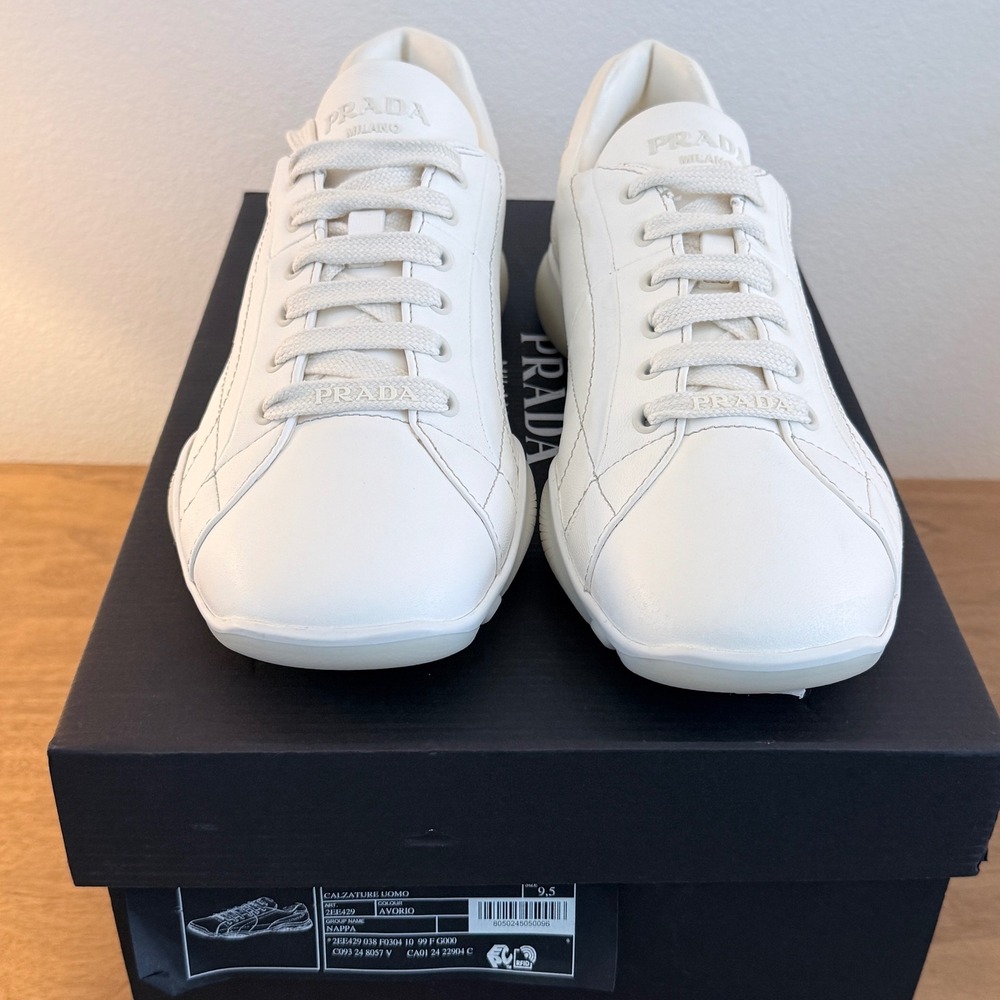 Prada Nappa Leather Sneakers Avorio White Low Top 2EE429 Mens 9.5